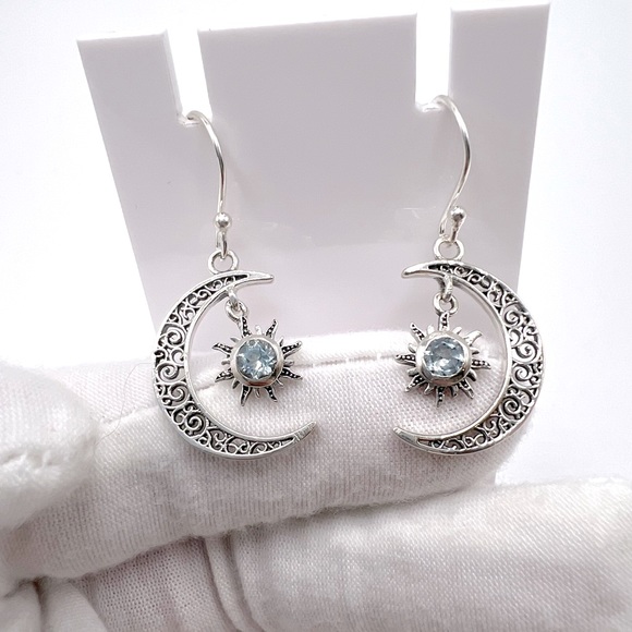 Genuine Blue Topaz .925 Sterling Silver Moon and Sun Earrings - Picture 8 of 14